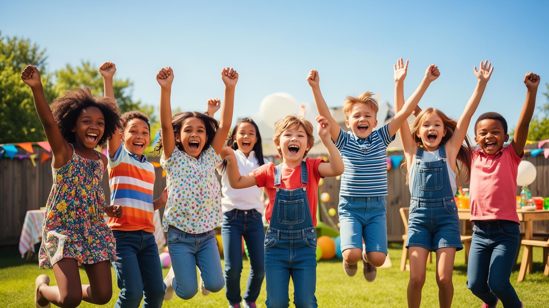Excited diverse kids cheering and jumping at a summer backyard party